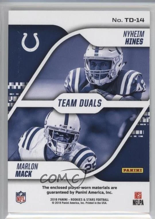 2018 Panini Rookies & Stars Team Duals Relics /99 Marlon Mack Nyheim Hines RC - Image 2 of 2