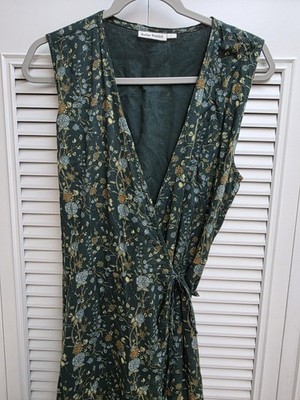 Roller Rabbit Dress Womens Large Green Floral Wrap Maxi Sleeveless Ruffle Boho