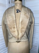 Cream Beige Vintage 50's Cashmere Mink Collar Sweater Lined Sz Med / Large