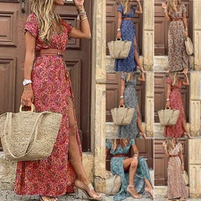 Womens Boho Floral V-Neck Maxi Dress Ladies Summer Beach Casual Holiday Sundress