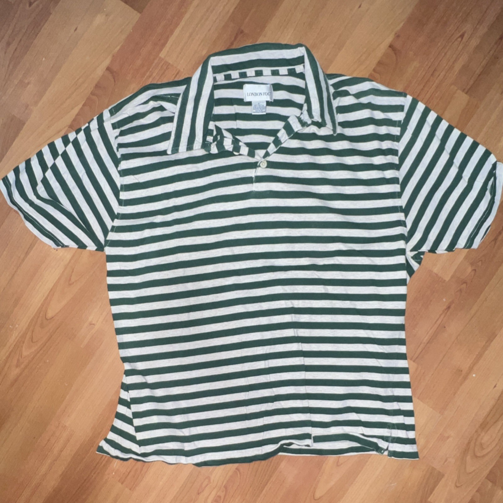 London Fog Striped Polo Shirt L Green/Lt gray 100% Cotton Men's Short Sleeve
