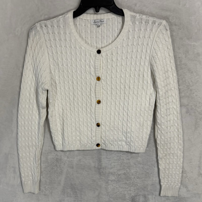 Emory Park Cable Knit Cropped Cardigan Sweater Size S White Button Front Chunky