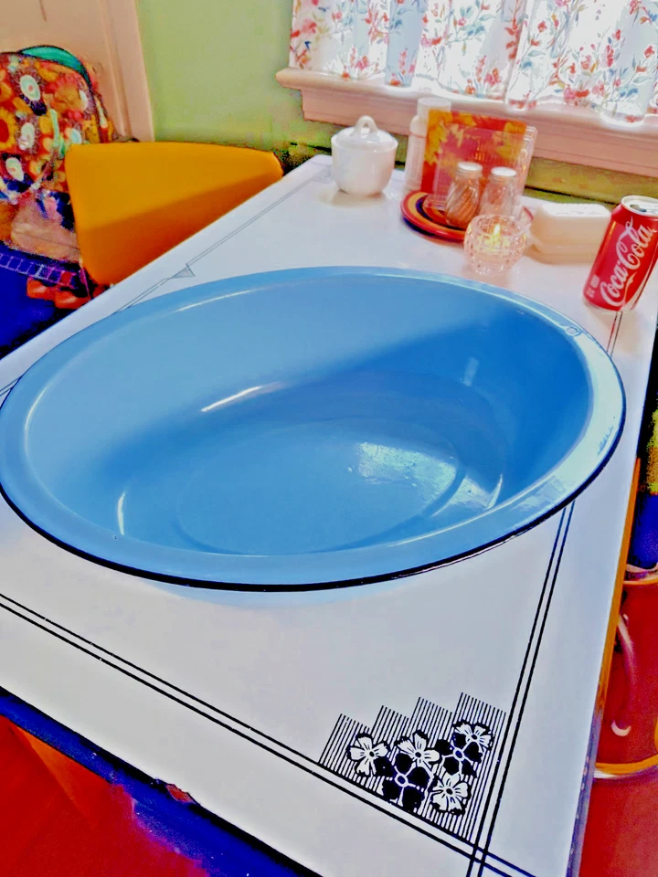 Vintage Antique Blue Porcelain Metal Enamel Tub Wash Basin - Image 2 of 4