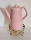 Vintage Bauer Pottery #603 Speckled Pink Coffee Pot w/ Brass Frame And Candle