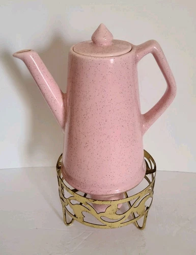 Vintage Bauer Pottery #603 Speckled Pink Coffee Pot w/ Brass Frame And Candle