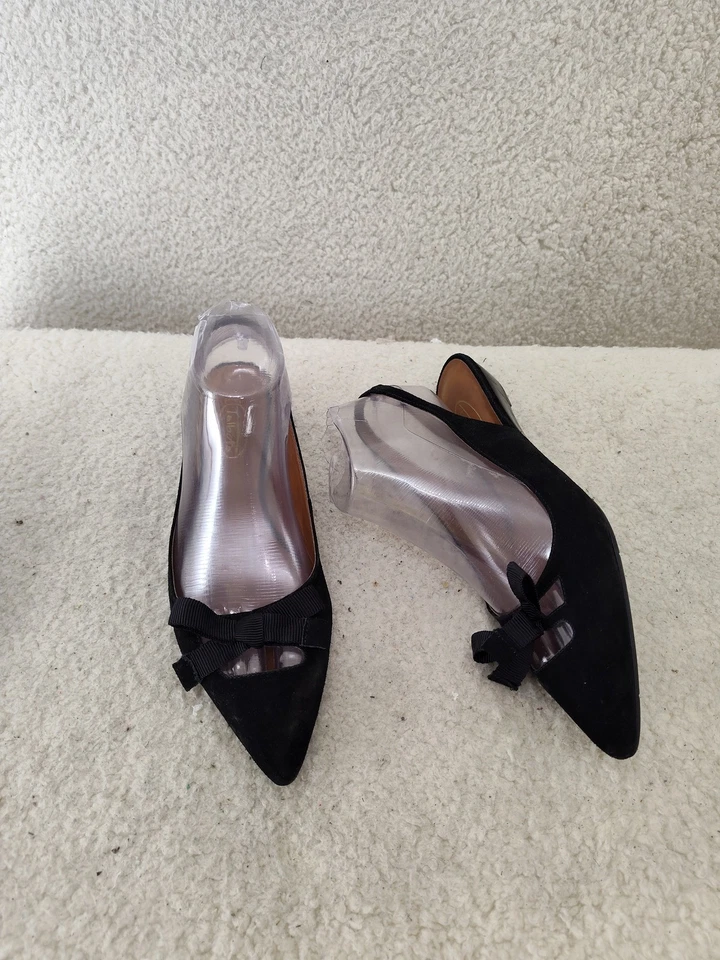 Sandalias Talbots para mujer 7.5B negras de gamuza con lazo tacón bajo de cuña con cordones zapatos de vestir Foto 4 de 4