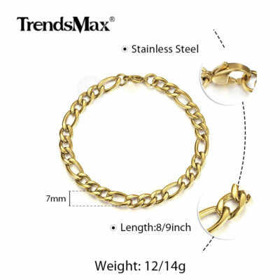 3/5/7/9mm Gold Plated Stainless Steel Figaro Link Bracelet Mens Chain 7/8/9/10''