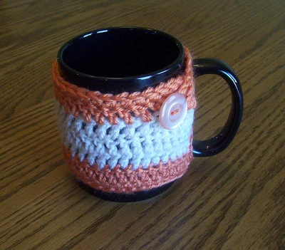 Crochet Orange and Tan Buttoned Coffee Mug Cozy - Image 1 of 4