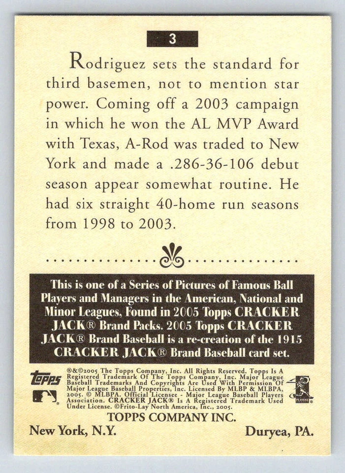 2005 Topps Cracker Jack #3B Alex Rodriguez Fielding SP - Image 2 of 2