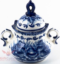 Porcelain Gzhel sugar bowl box server handmade in Russia