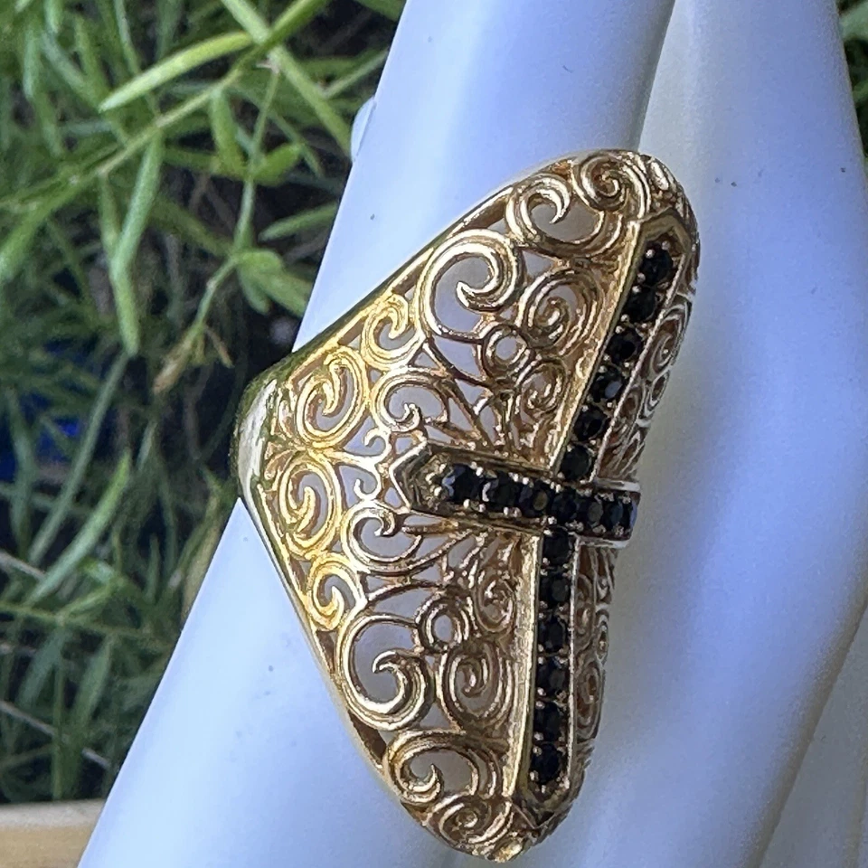 复古 Bellezza Statement 戒指 尺寸 5 黑色尖晶石十字架 镀金金银丝 — 第 3/4 张图片