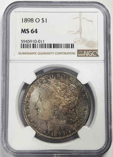 1898 O Morgan Silver Dollar MS64 NGC - Darker TONED Rainbow Blues And Purple