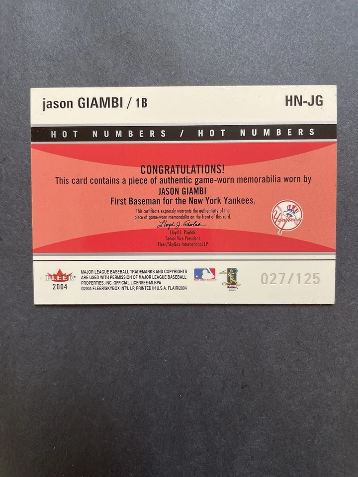 2004 Flair Hot Numbers Game Used Blue /250 Jason Giambi #HN-JG - Image 2 of 2