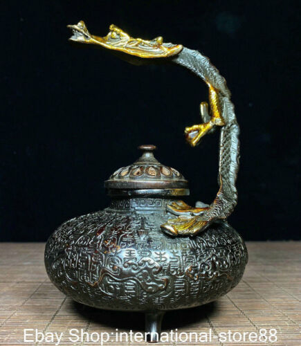 6.2" Rare Old Chinese Copper Dynasty Palace Dragon Handle Word Incense burner - Foto 1 di 9