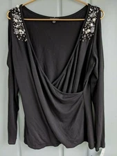 Lafayette 148 Womens XL Wrap Shirt Beaded Cold Shoulder Top Black Extra Large