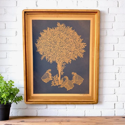 Jillian Field Serigraph Vintage 70s Mid-Century Modern Tree Gold & Black 30"x24"