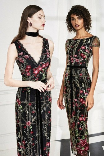 MARCHESA NOTTE Black Floral Embroidered Beaded Bow Waist Sheer Mesh Dress 16 XL - Imagen 8 de 12