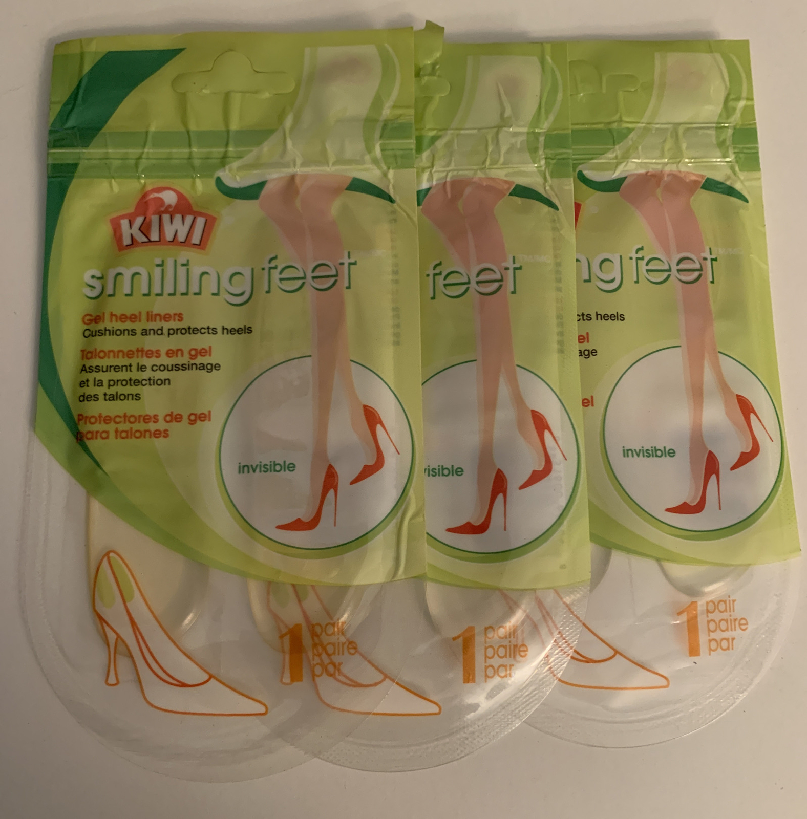 3pk Kiwi Smiling Feet Gel Heel Liners High Heel 3 Pair Comfort Cushion