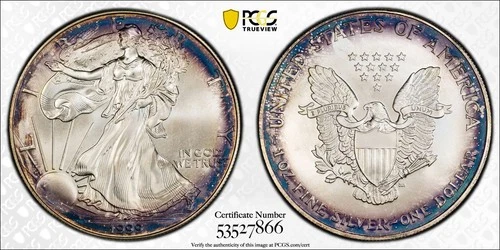 1999 American Silver Eagle Rainbow Toned - PCGS MS67 Rainbow Toned - A390