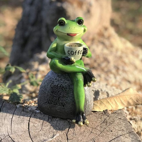 OwMell Frosch Statue für Garten, grüne Figur Outdoor Kaffee - Bild 4 von 7