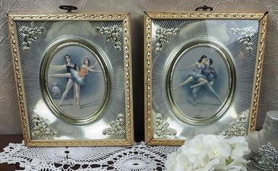 Vintage Ballet Lithographs Pair 1950s Foil Glass Gold Gilt Original Frames Gina