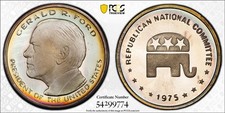 PR67DC 1975 Gerald Ford Republican 999 Silver Medal, PCGS Trueview Rainbow Toned