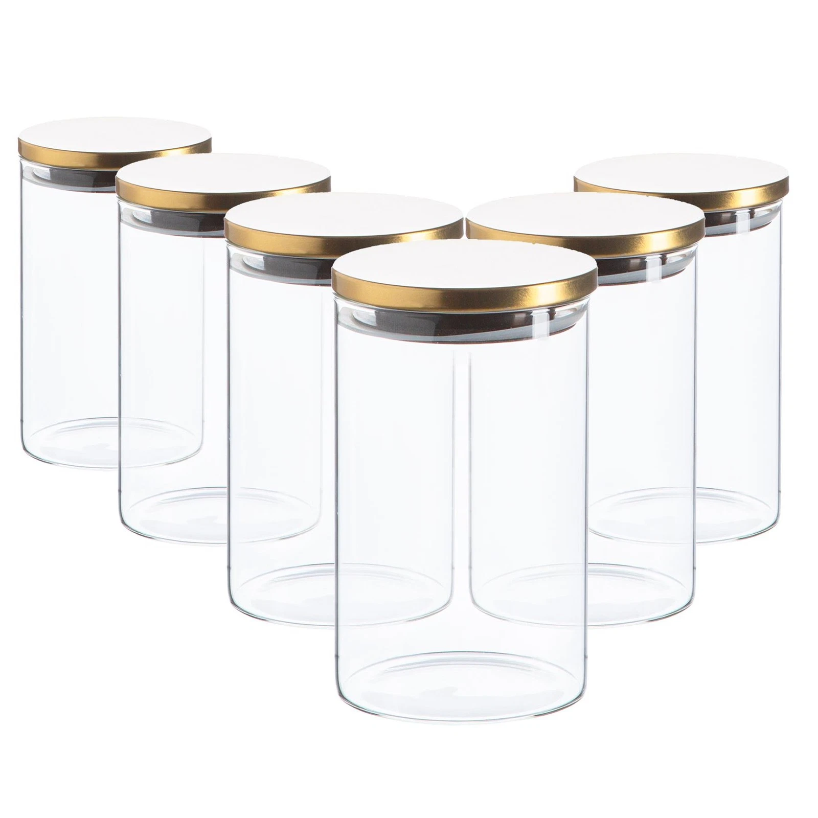 6x Glass Storage Jar with Metal Lids Modern Kitchen Food Storage 1 Litre Gold