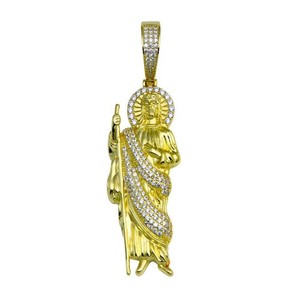 Authentic Gold Plated 925 Sterling Silver CZ Catholic Saint St Jude Hip Hop Large Pendant