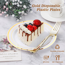 100PCS Gold Plastic Plates, 10.25 Inch Disposable Dinner Plate Party with Gol...