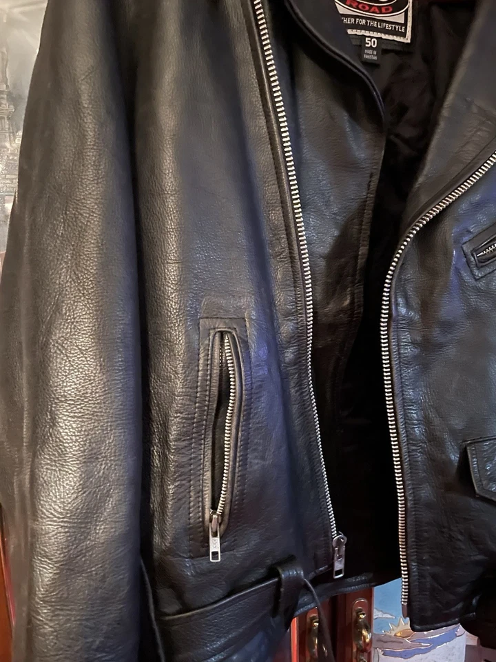 Chaqueta de cuero de motociclista River Road para hombre de lujo talla 50 excelente Foto 4 de 4
