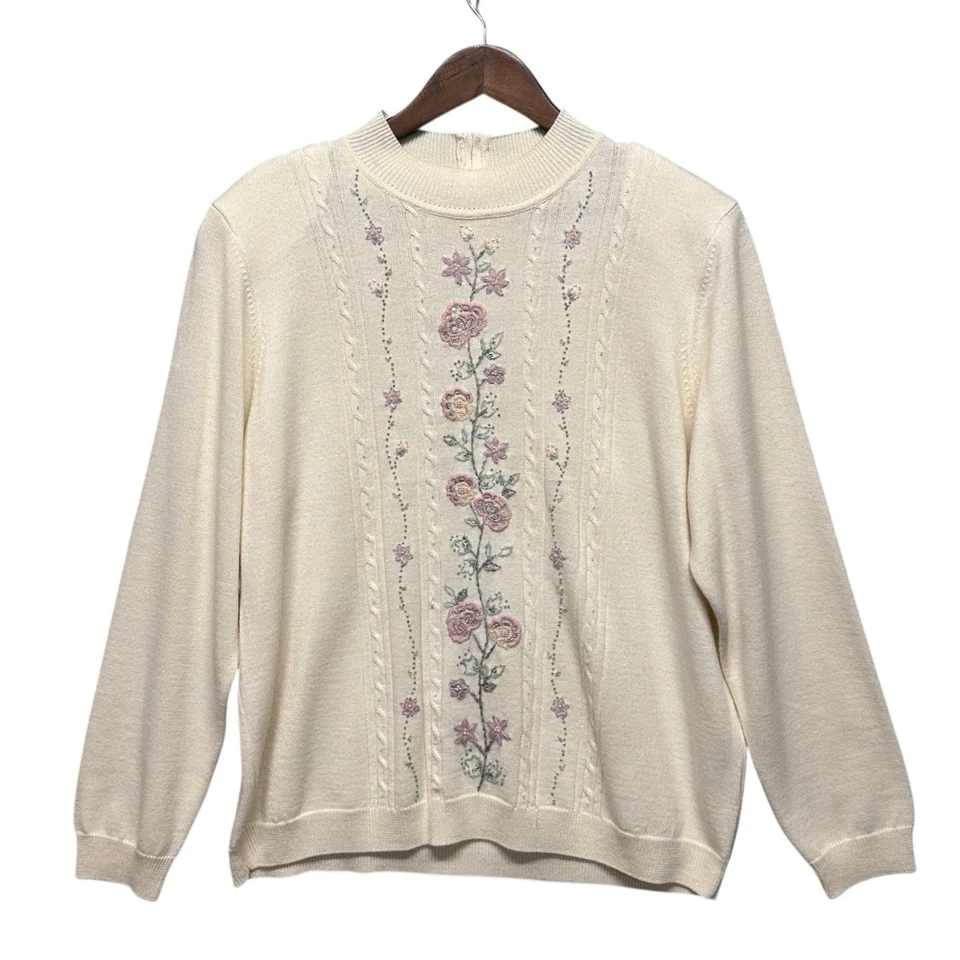 Винтажный стиль Grandmacore свитер с белой цветочной вышивкой насмешливый шеи женщин Sz XL - Изображение 2 из 4