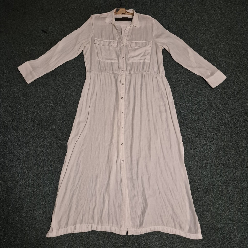 #47 Sheike White Button Up Sheer Maxi Shirt Dress Size 14 Long Roll Tab Sleeves