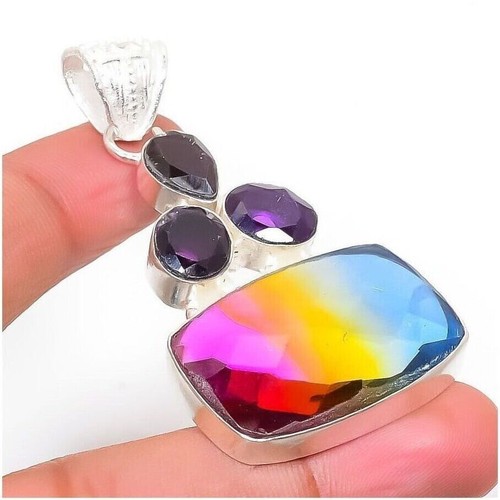 Pendentif Bijoux En Argent Sterling 925 Tourmaline Bicolore 2,25