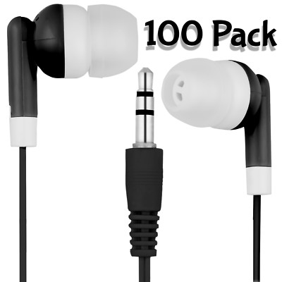 Pack of 100 Black/White Classroom Headphones / Earbuds - Individually Bagged