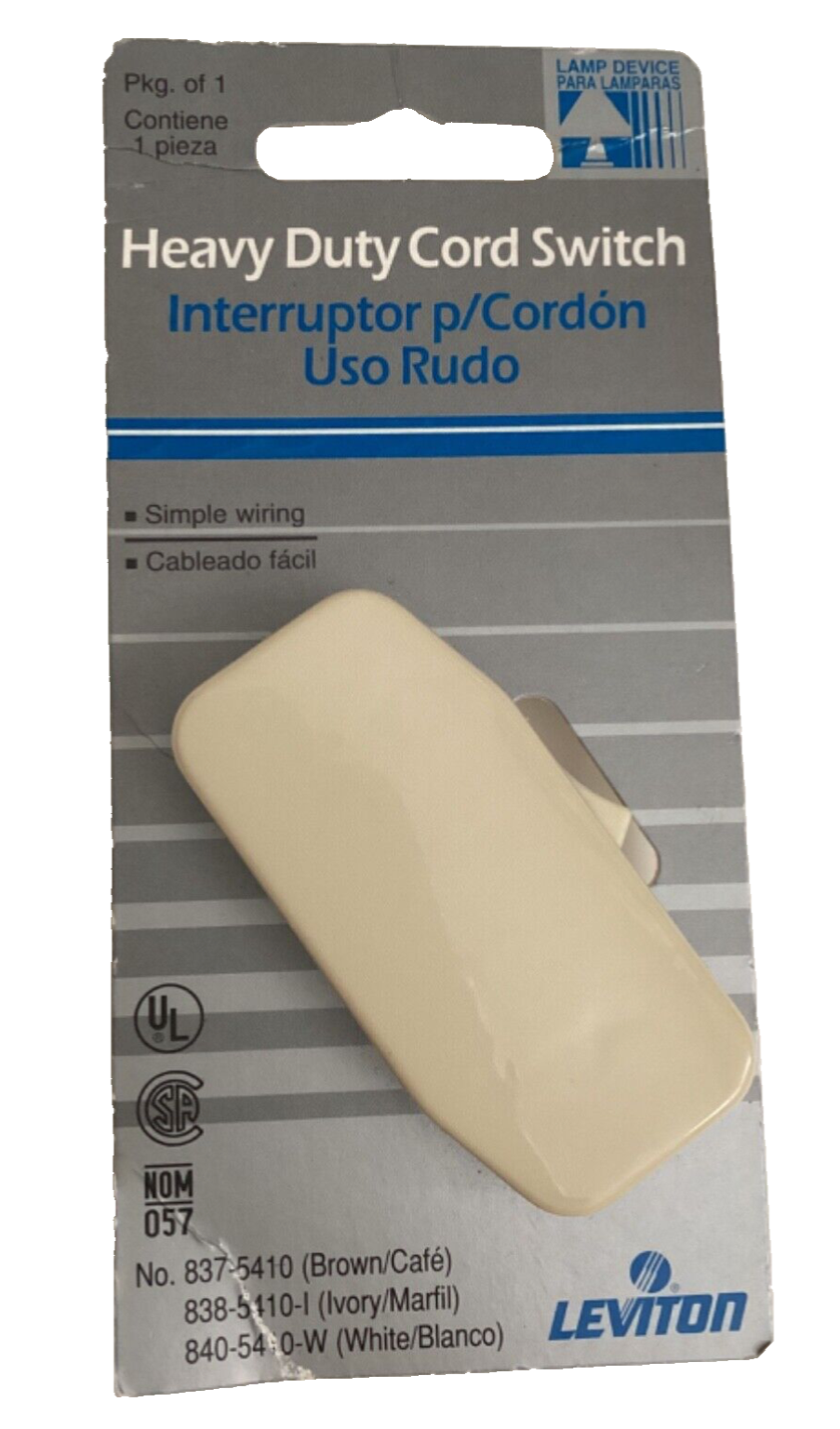 LEVITON Heavy Duty Cord Switch In Line Rocker a Single Pole Ivory 838