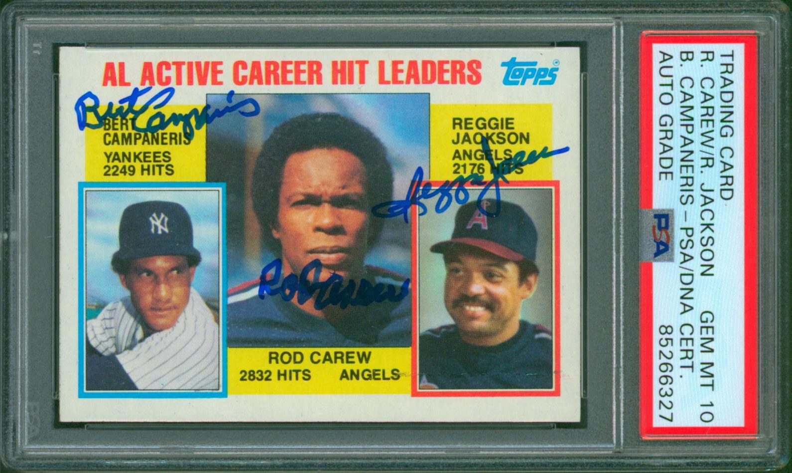 1984 Topps ROD CAREW REGGIE JACKSON CAMPANERIS Triple Signed PSA/DNA Gem 10 Auto