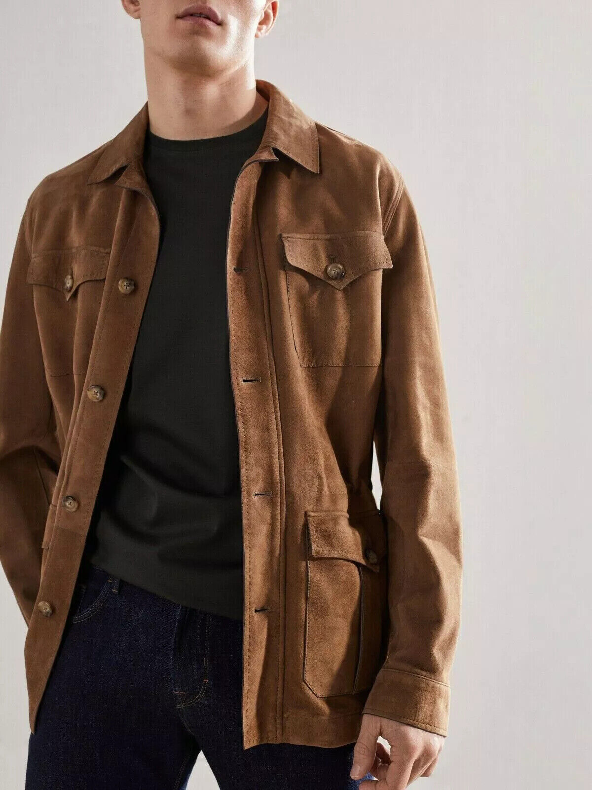 Genuine Soft Leather Jacket Casual Men's Brown Suede Leather Shirt Flap Pocket