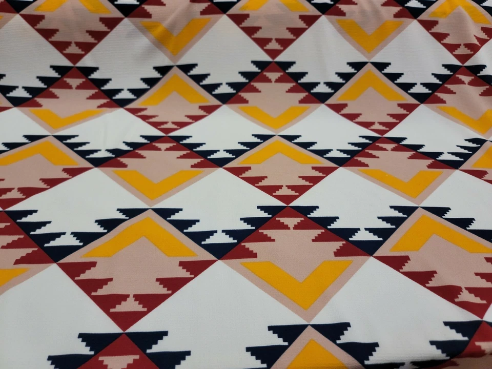 Multicolor Stretch Crepe Fabric By The Yard Yellow Blue Etnihc Pattern Fashion  - Image 4 of 4