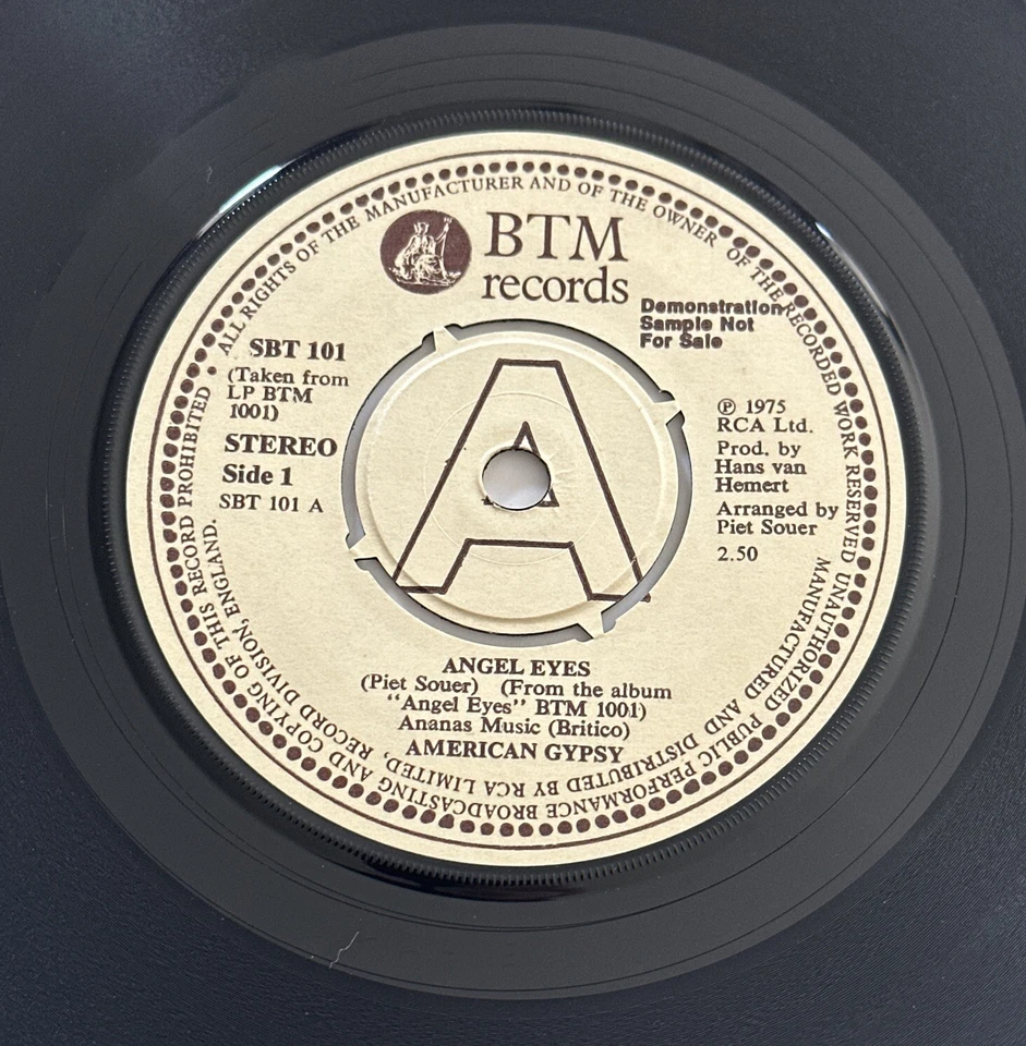 American Gypsy – Angel Eyes  7” Promo Vinyl BTM Records – SBT 101 Soul Funk EX - Image 3 of 4