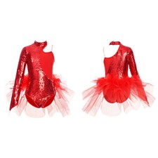 Girl's Sequins Feather Tulle Skirted Leotard Jumpsuit Latin Jazz Dance Costume