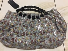 Woman Sequin Floral Print Bead Strap Leather Shoulder Purse
