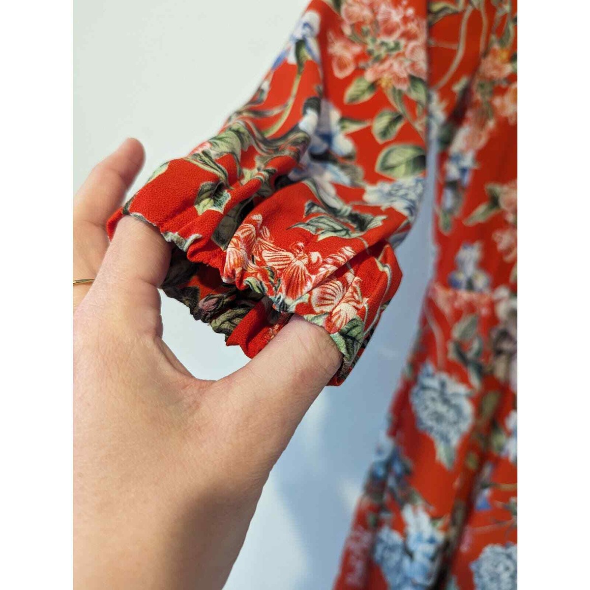 open lace back dress H&M Red/Orange/Purple Floral Button Down Smocked Cuff Short Sleeve Dre   The Saved Collection