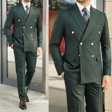 Men's Striped Suit Peak Lapel Double Breasted Formal Business Casual 2 Pcs