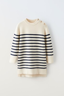 ZARA KIDS GIRL BUTTONED STRIPED KNIT DRESS ECRU | 3471/607 | eBay