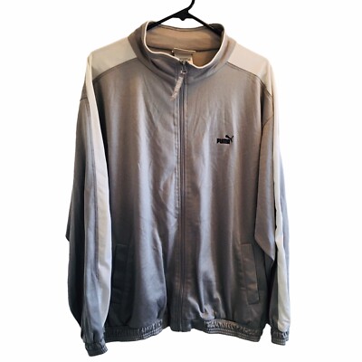 Puma Track Jacket Mens XL Gray Shimmer White Full Zip Up Sporty Soccer Mock Neck