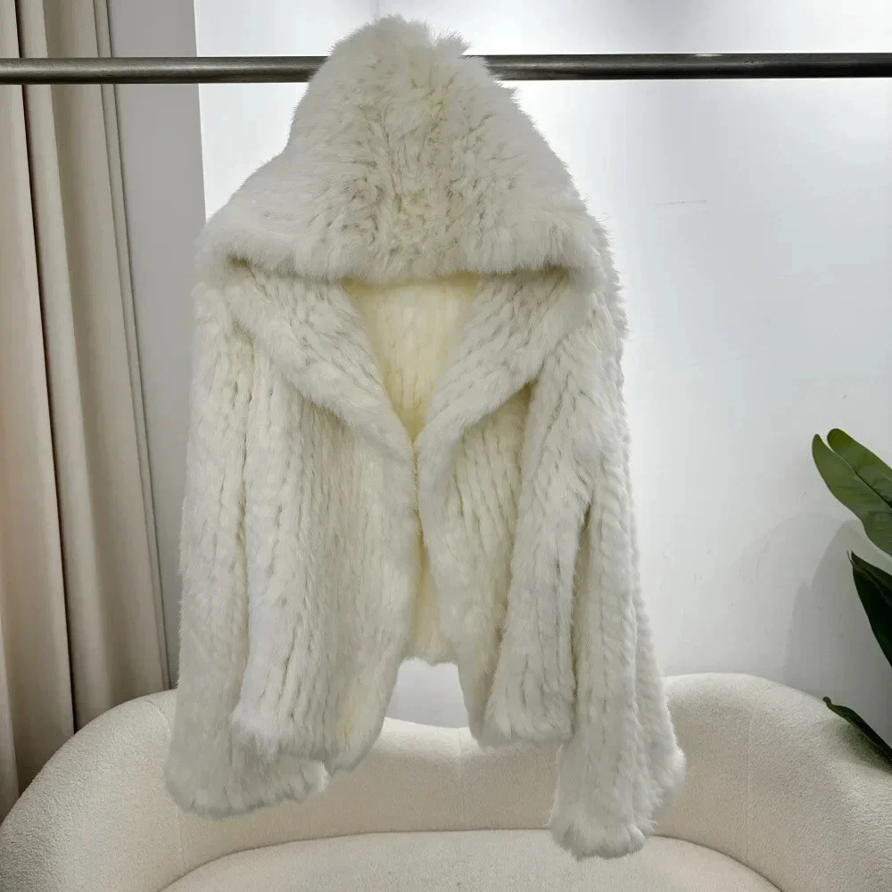 OFF WHITE Cappotto donna pelliccia autunno e inverno ispessito tessuto a mano double face con cappuccio