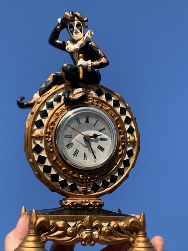 RARE Harlequin Jester Clown Gold Black White Quartz Mantel Shelf Clock ...