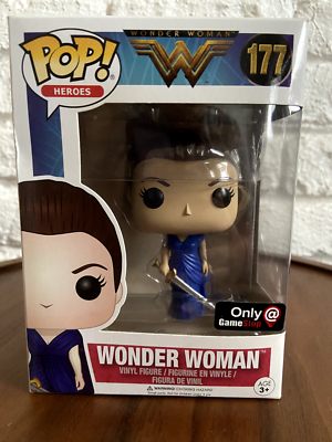 funko pop wonder woman blue dress Pop! #177 In GameStop Exclusive Size:XX-small Vinyl Figure comes packaged Adrianna Papell Benni Nico Off Shoulder