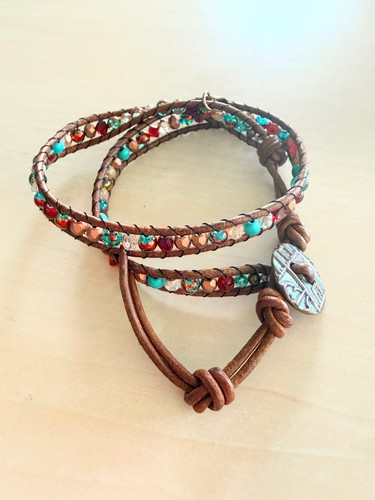Boho-style beaded leather multi-strand wrap bracelet braided leather multi color