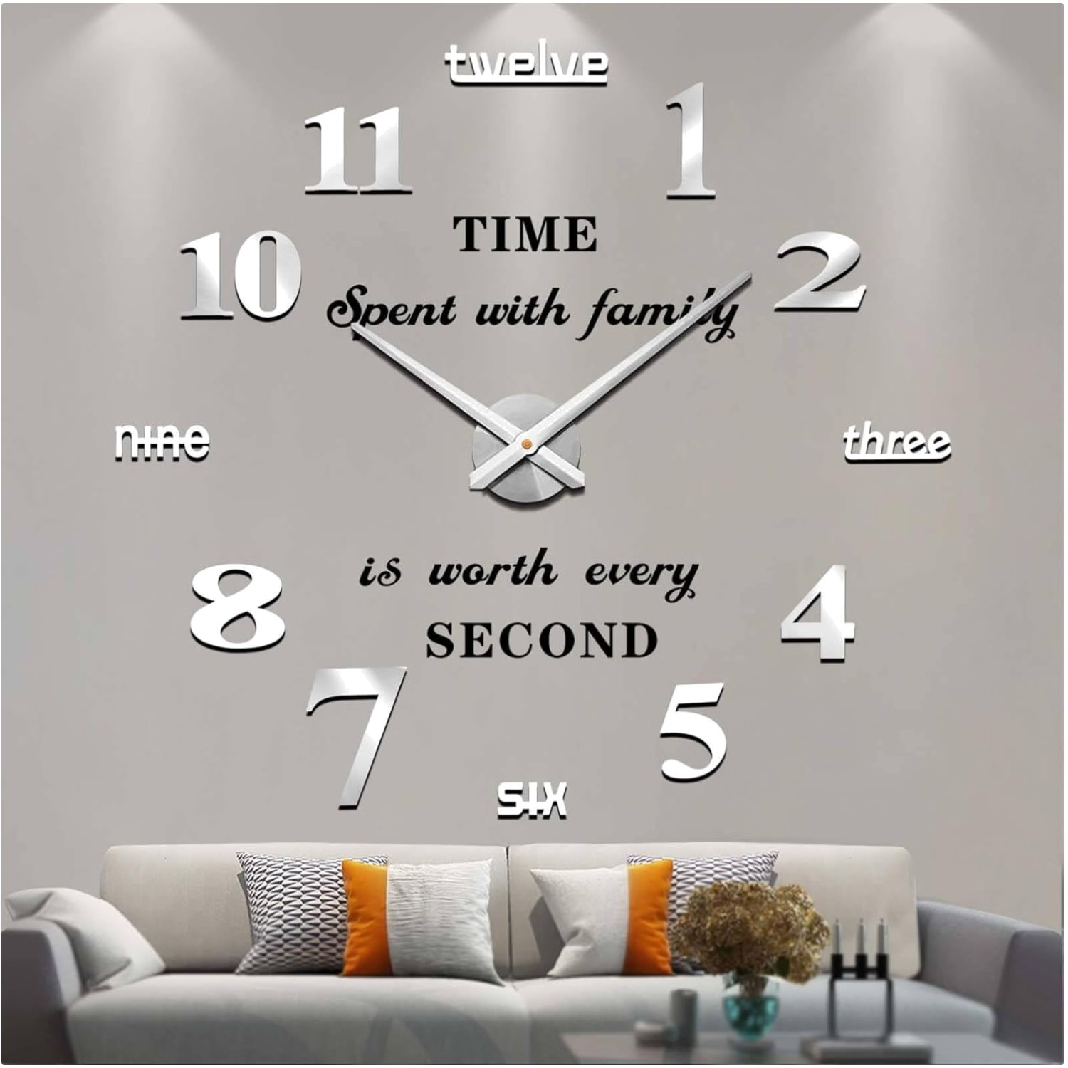 Large Frameless DIY Wall Clock with Mirror Numbers Modern Living Room Decor
